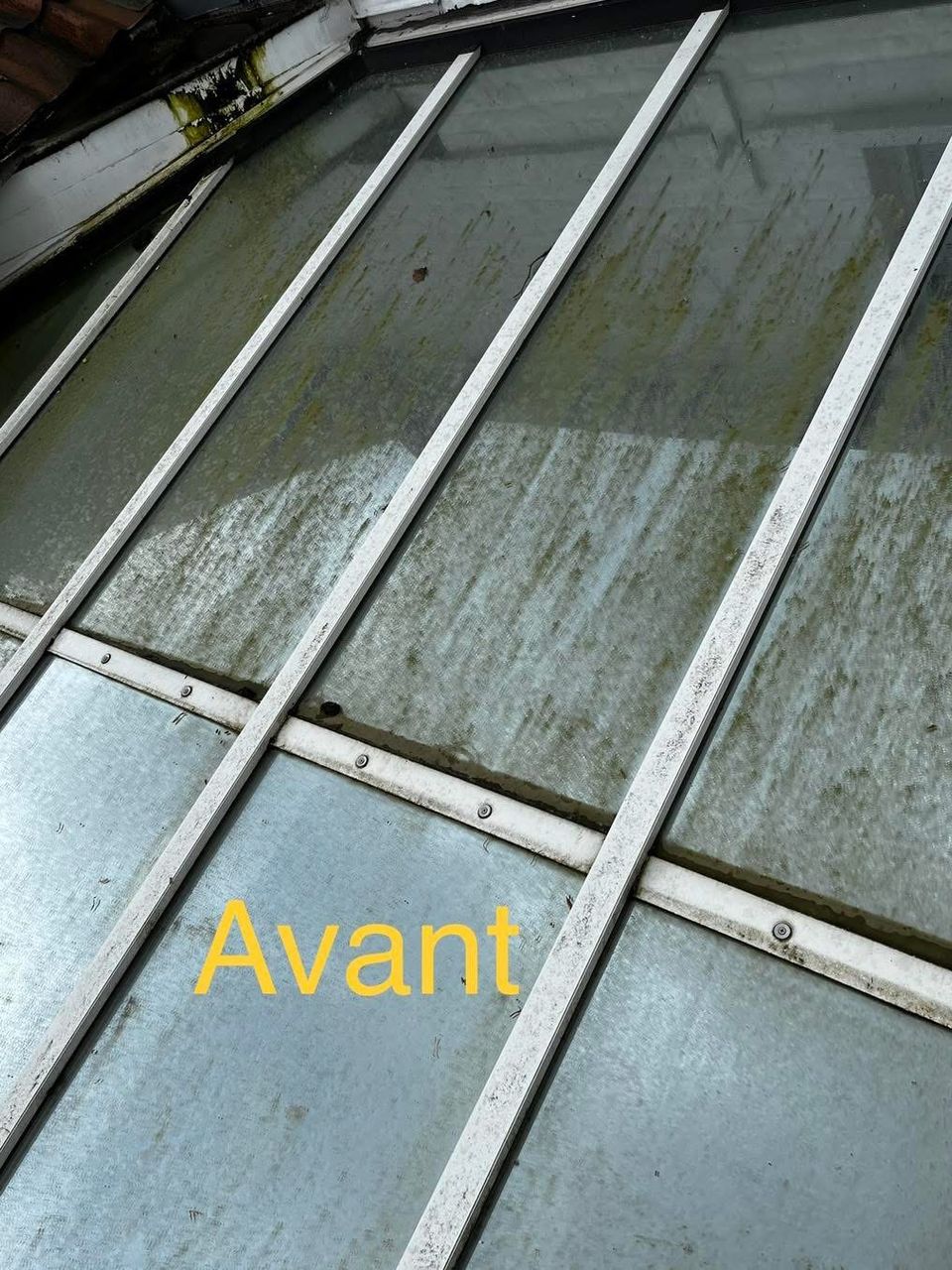 Rénovation et nettoyage de la toiture en verre d'une véranda à Basècles (Avant / Après)